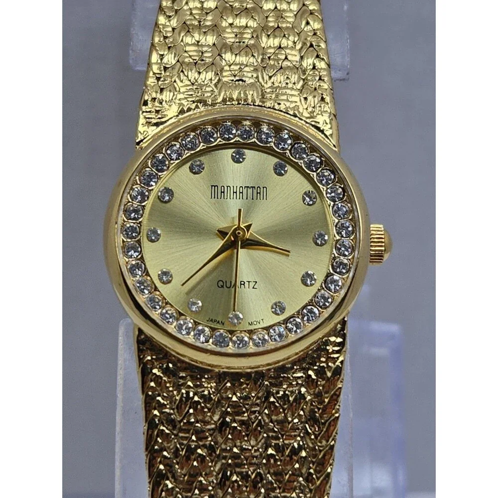 Manhattan Croton Womens Gold Tone Crystal Bezel Basket Weave Watch New Battery
